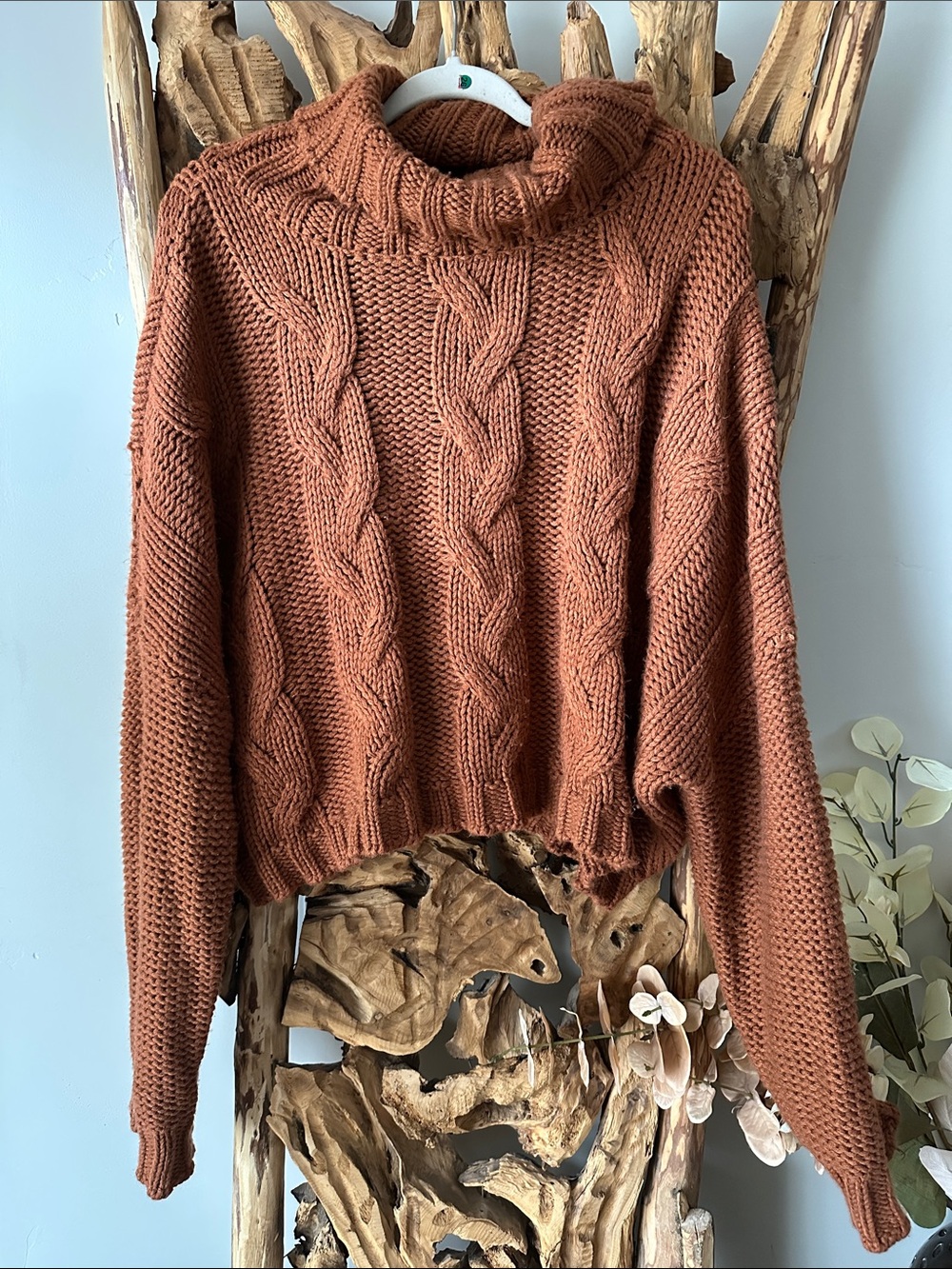 Cozy Casual Cable Turtleneck Sweater - Rust Brown